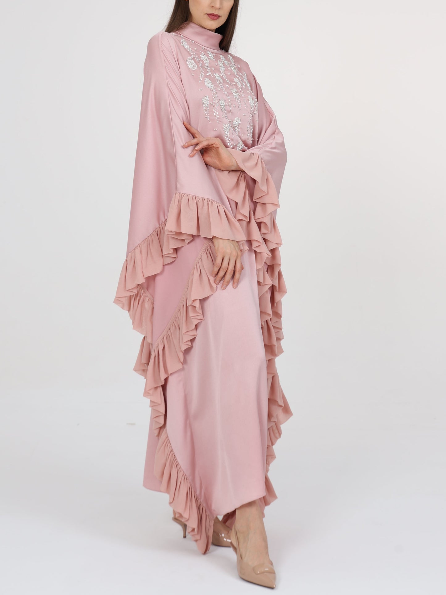 Ruffled Side Seam Detail Turtleneck Kaftan
