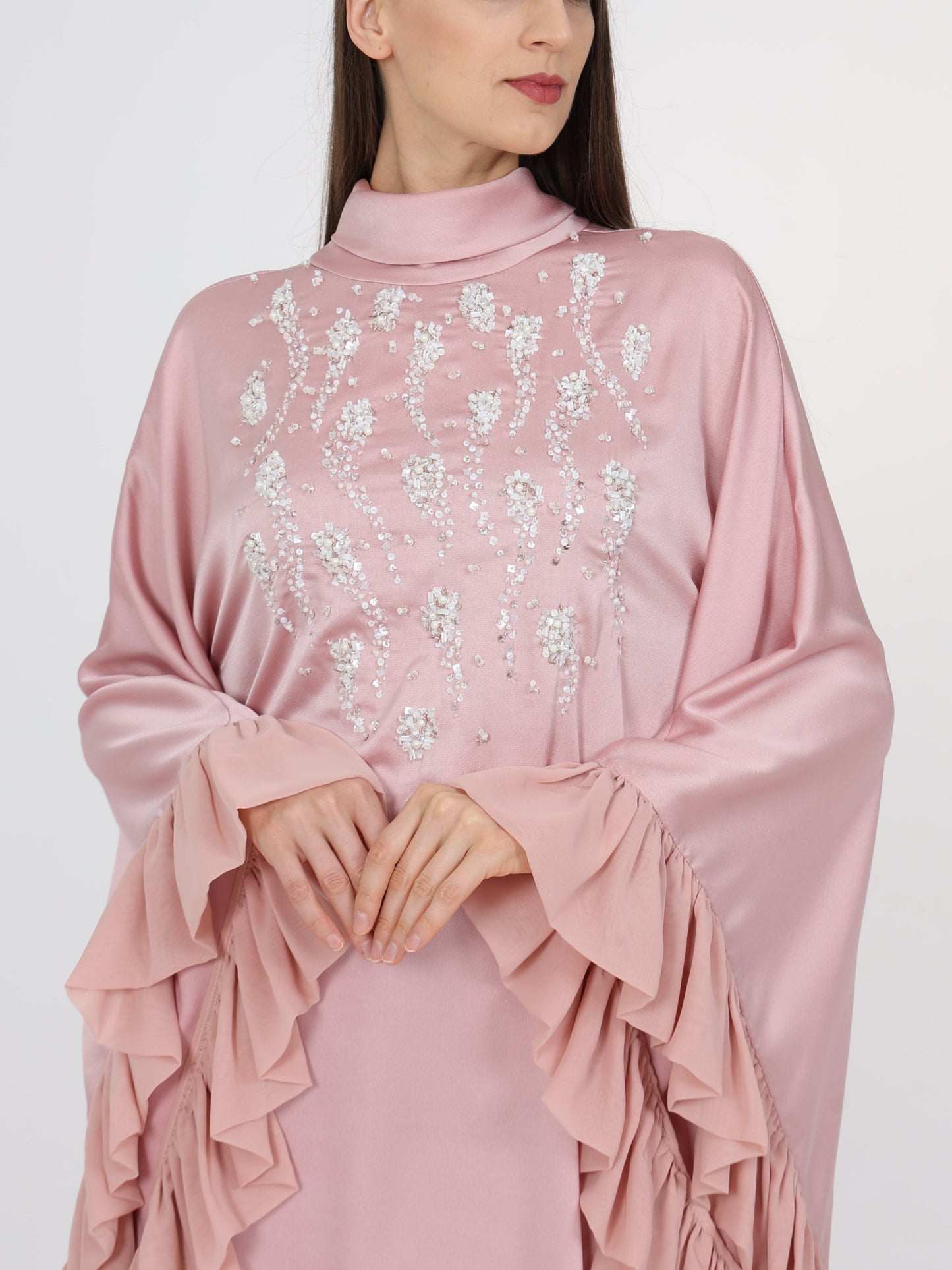 Ruffled Side Seam Detail Turtleneck Kaftan