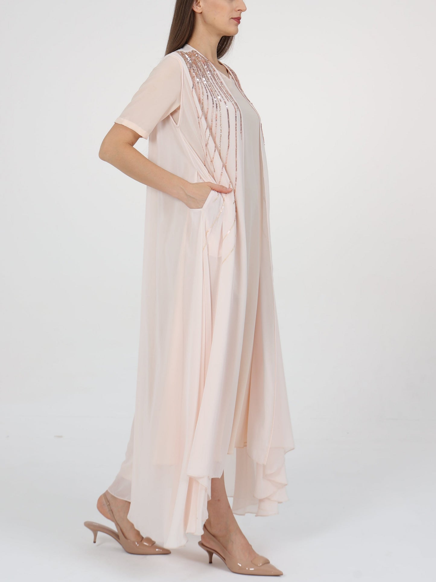 Sequin-Embellished Sleeveless Long Coat and Inner Dress