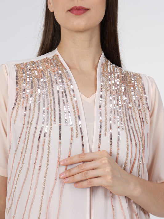 Sequin-Embellished Sleeveless Long Coat and Inner Dress