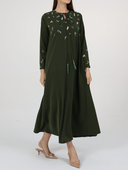 Beads Embellished Tie-up Neck Dress