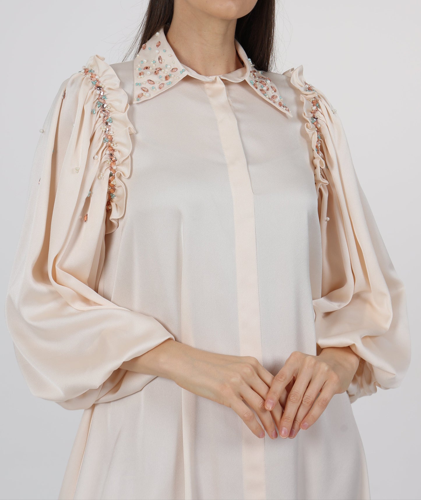 Embellished Ruffle Detail Lantern Sleeve Dress