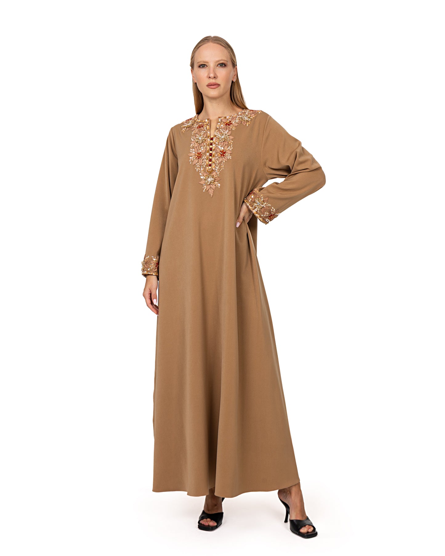 Traditional kaftan in coral nude