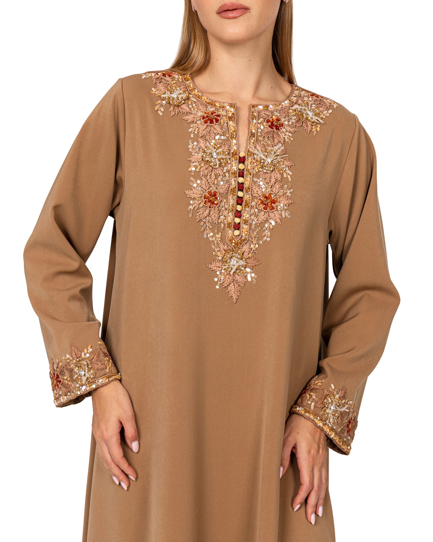 Traditional kaftan in coral nude