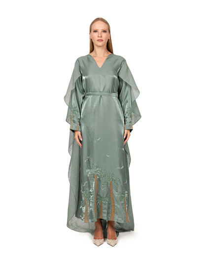 Modern cape dress in jade shimmer organza