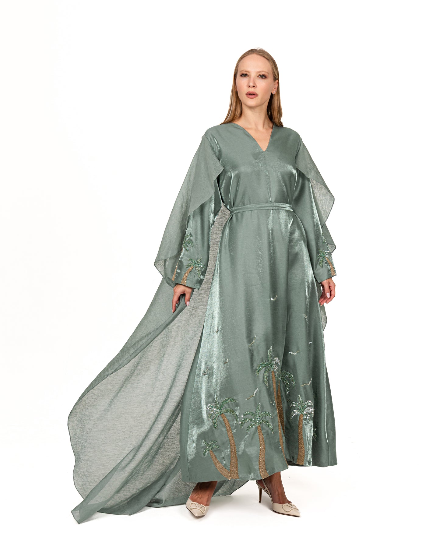 Modern cape dress in jade shimmer organza