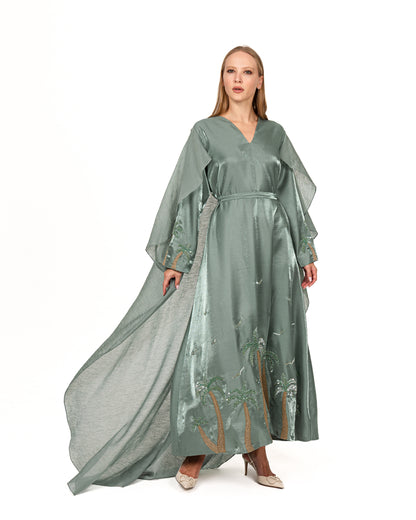Modern cape dress in jade shimmer organza