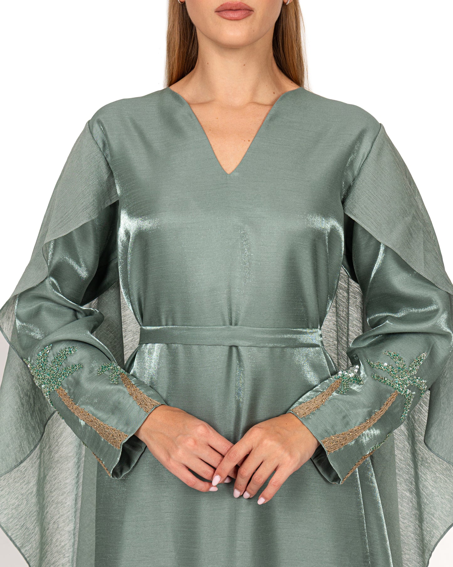 Modern cape dress in jade shimmer organza