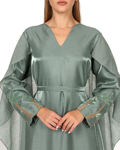 Modern cape dress in jade shimmer organza