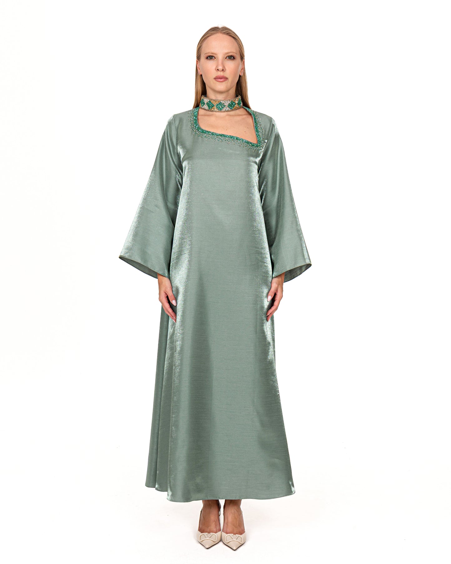 A line dress in jade shimmer organza