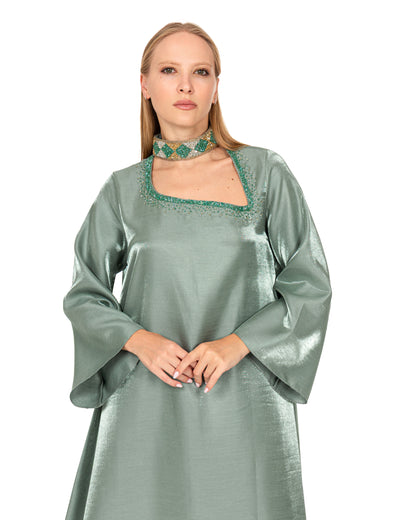 A line dress in jade shimmer organza