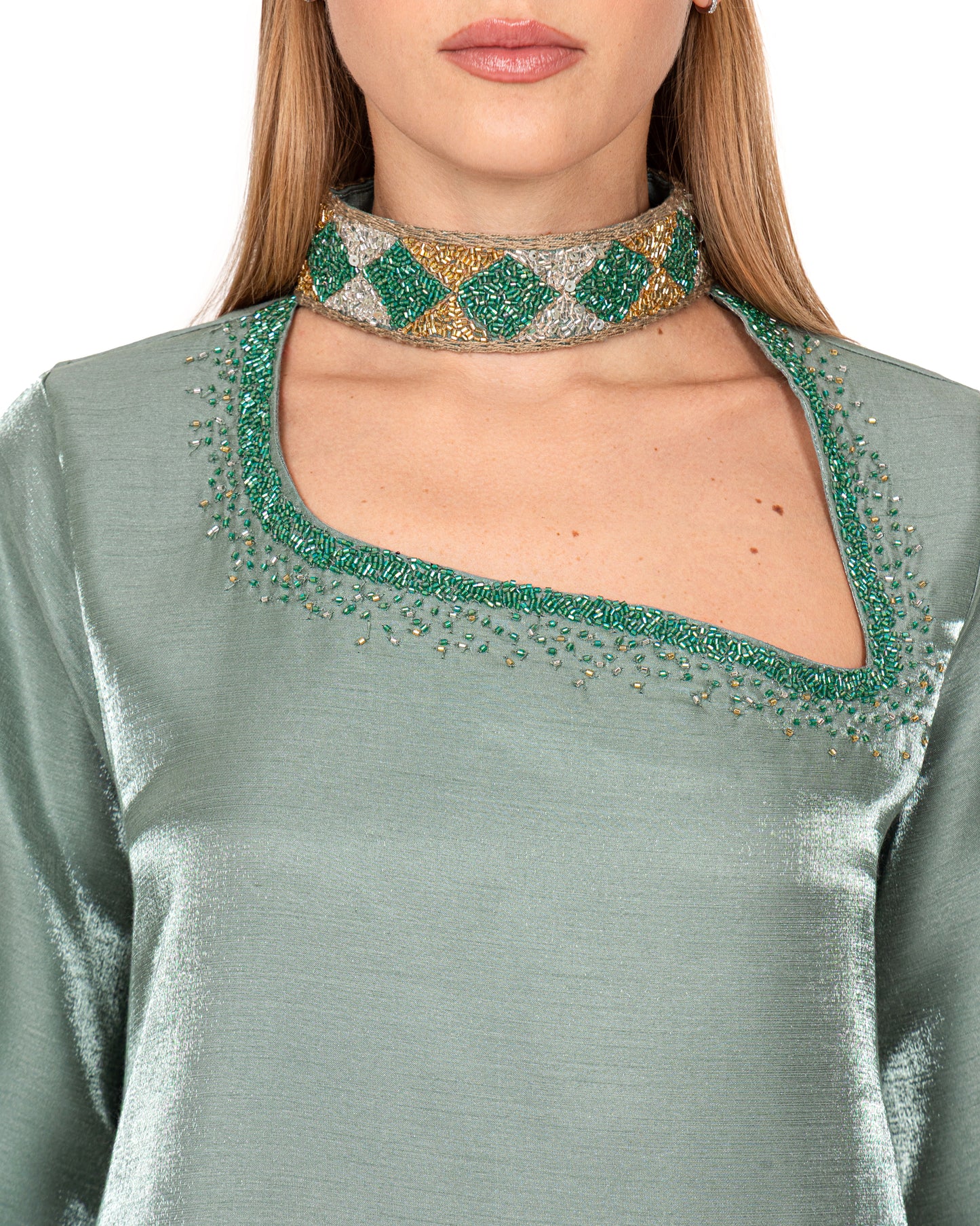 A line dress in jade shimmer organza