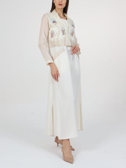 Floral-embellished Lapel Collar Coat and Inner Dress