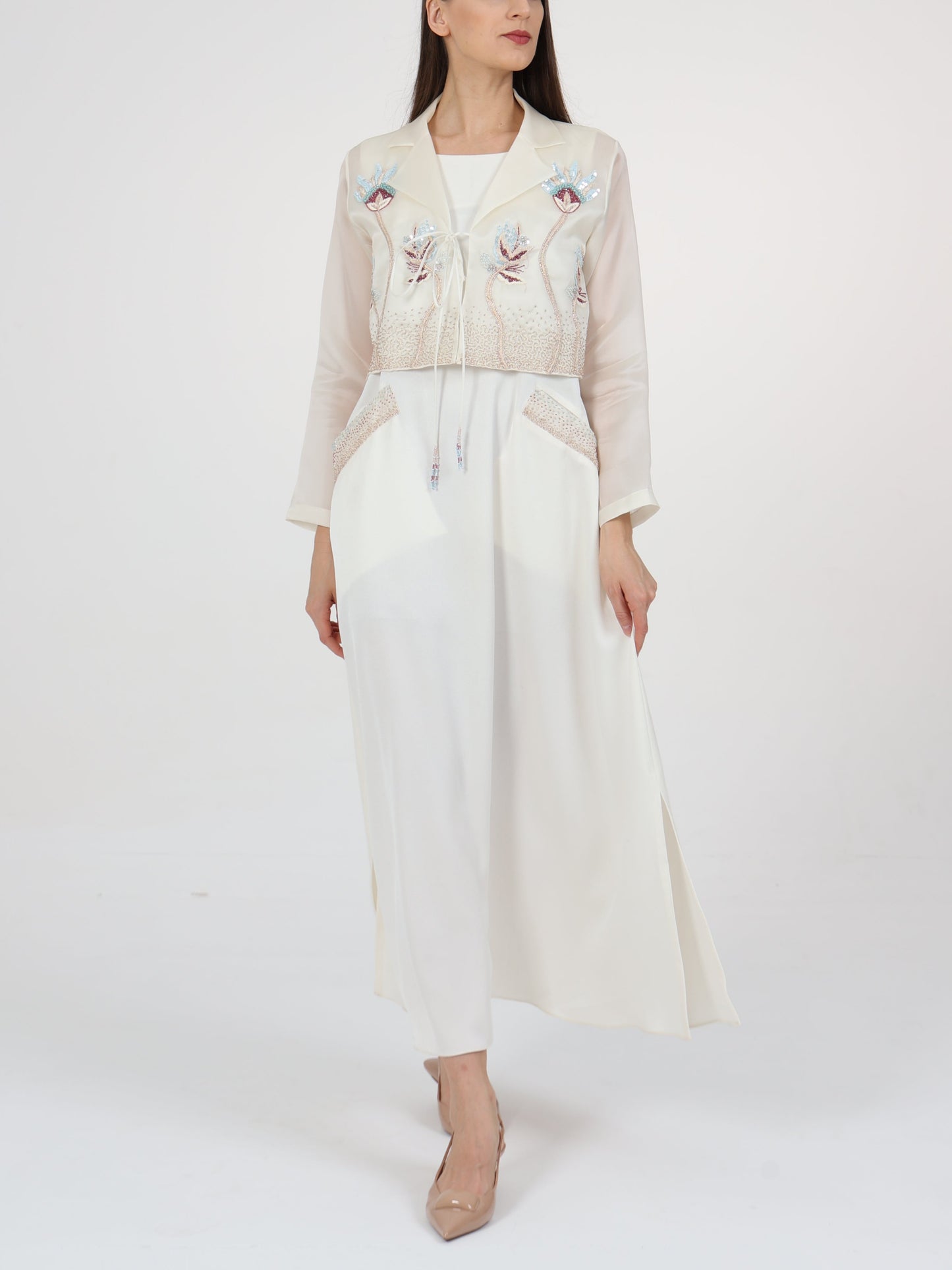 Floral-embellished Lapel Collar Coat and Inner Dress