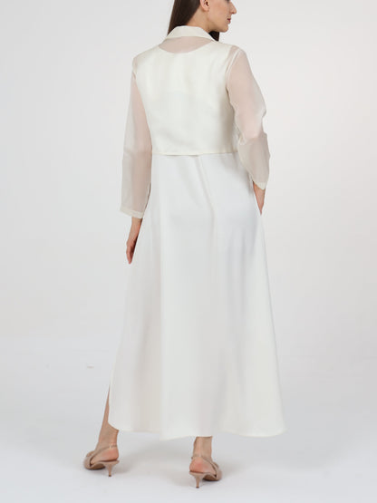 Floral-embellished Lapel Collar Coat and Inner Dress