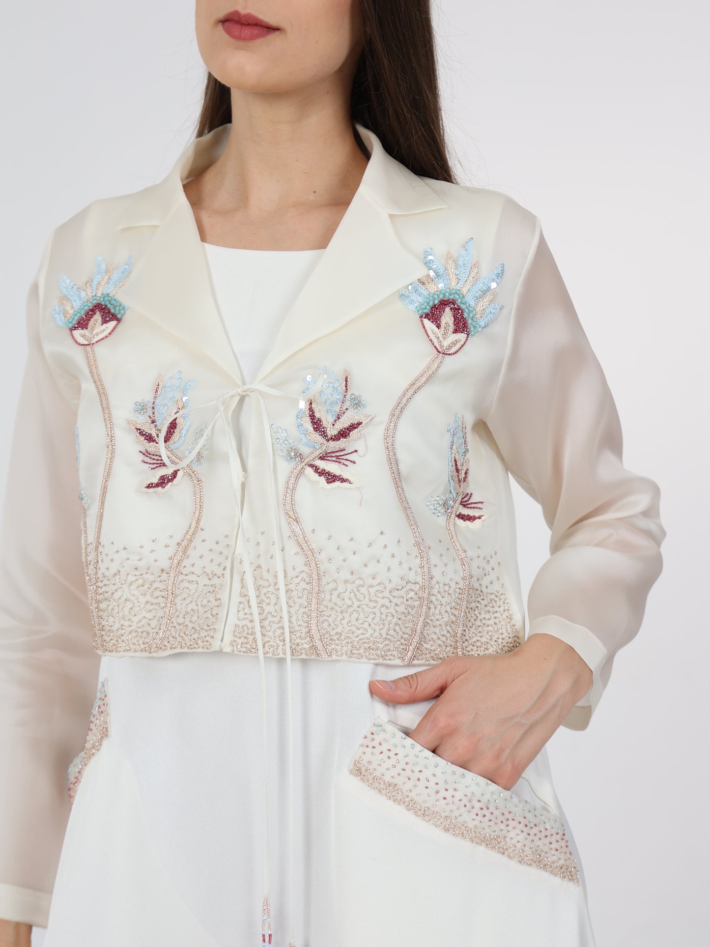 Floral-embellished Lapel Collar Coat and Inner Dress