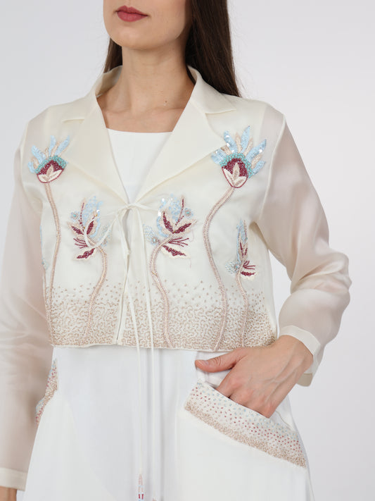Floral-embellished Lapel Collar Coat and Inner Dress