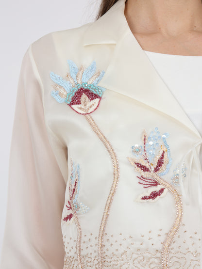 Floral-embellished Lapel Collar Coat and Inner Dress