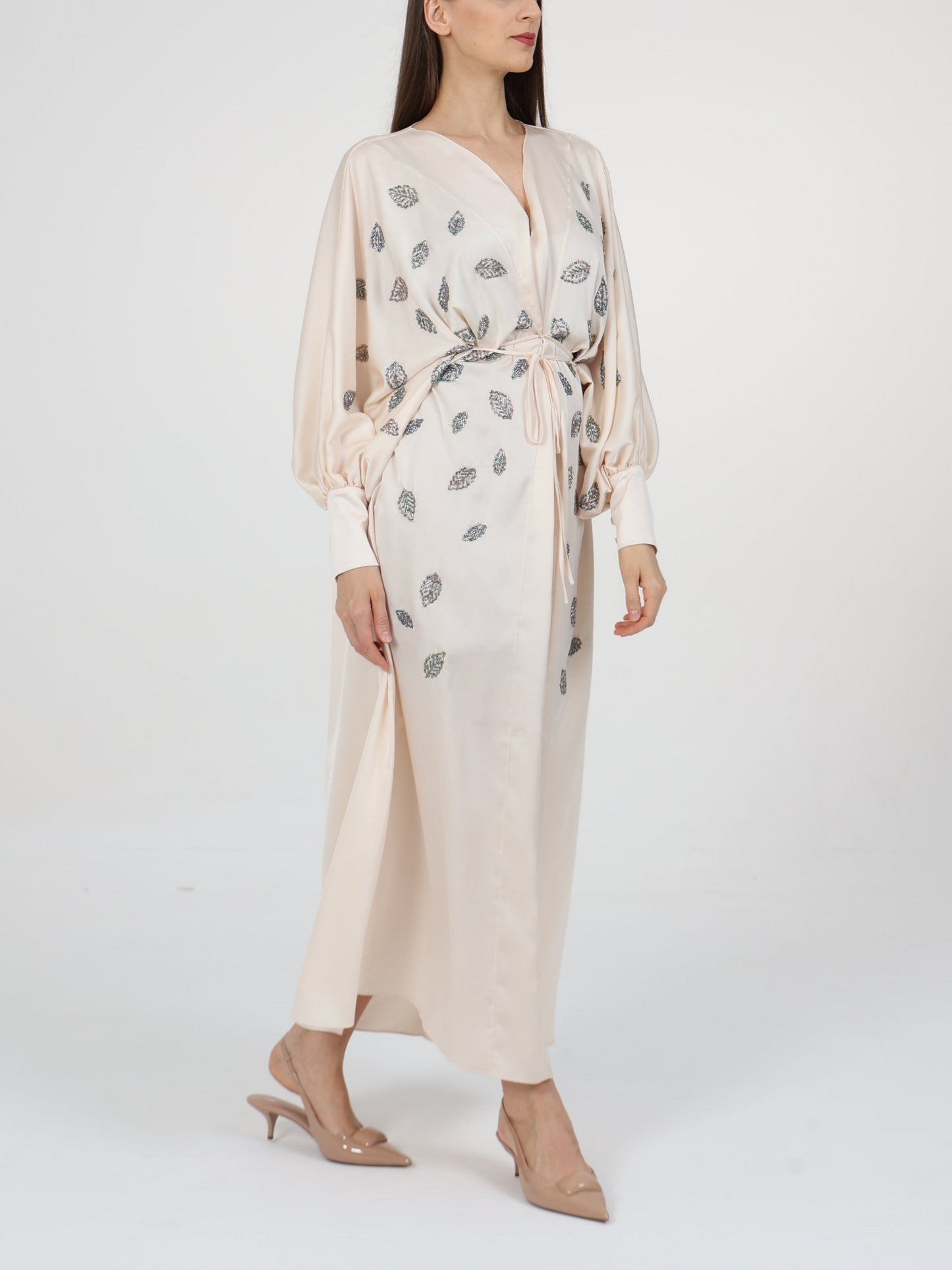 Embellished Tie-at-Waist Detail V-Neck Kaftan