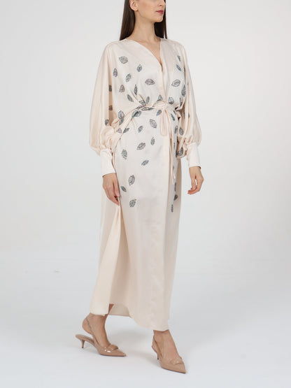 Embellished Tie-at-Waist Detail V-Neck Kaftan