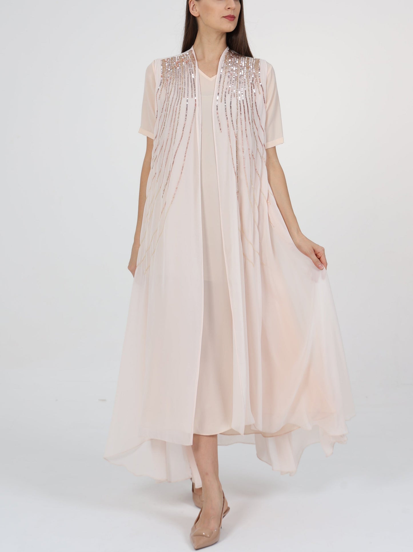 Sequin-embellished Sleeveless Long Coat and Inner Dress