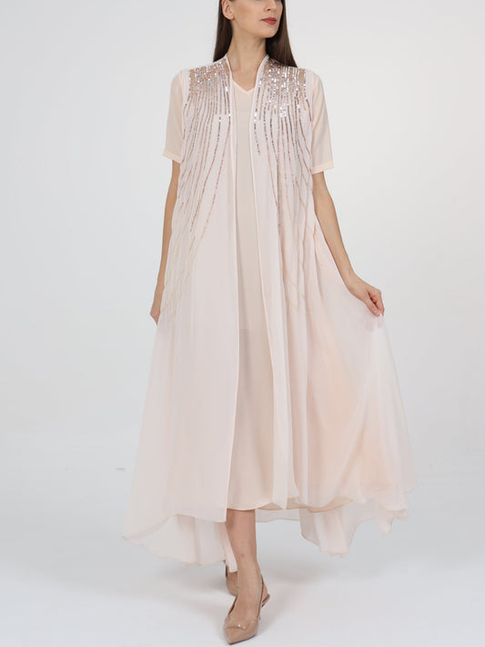Sequin-embellished Sleeveless Long Coat and Inner Dress