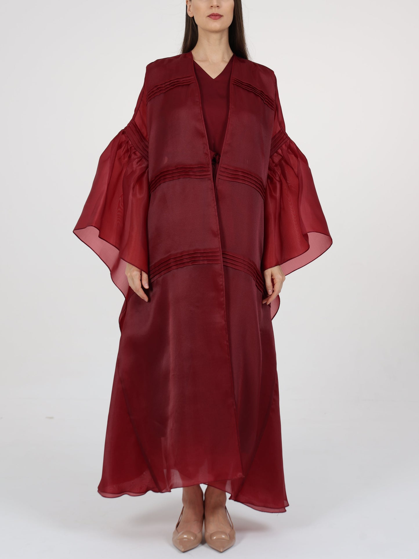 Pleats detail flared box sleeve Long coat with Inner dress
