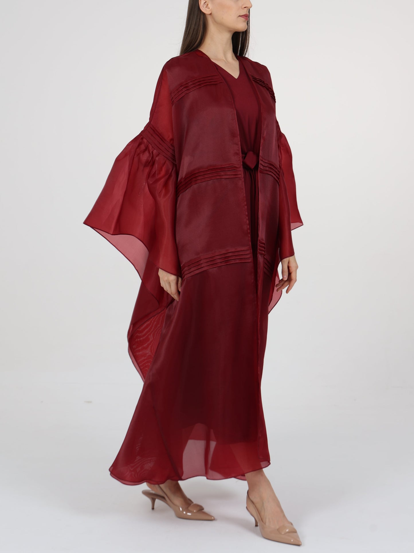 Pleats detail flared box sleeve Long coat with Inner dress
