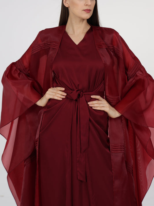 Pleats detail flared box sleeve Long coat with Inner dress