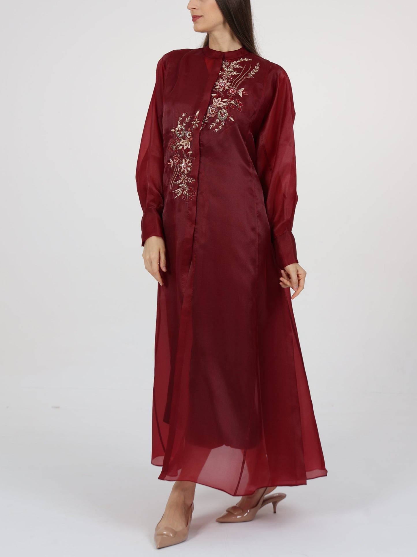 Floral embroidered high neck organza dress