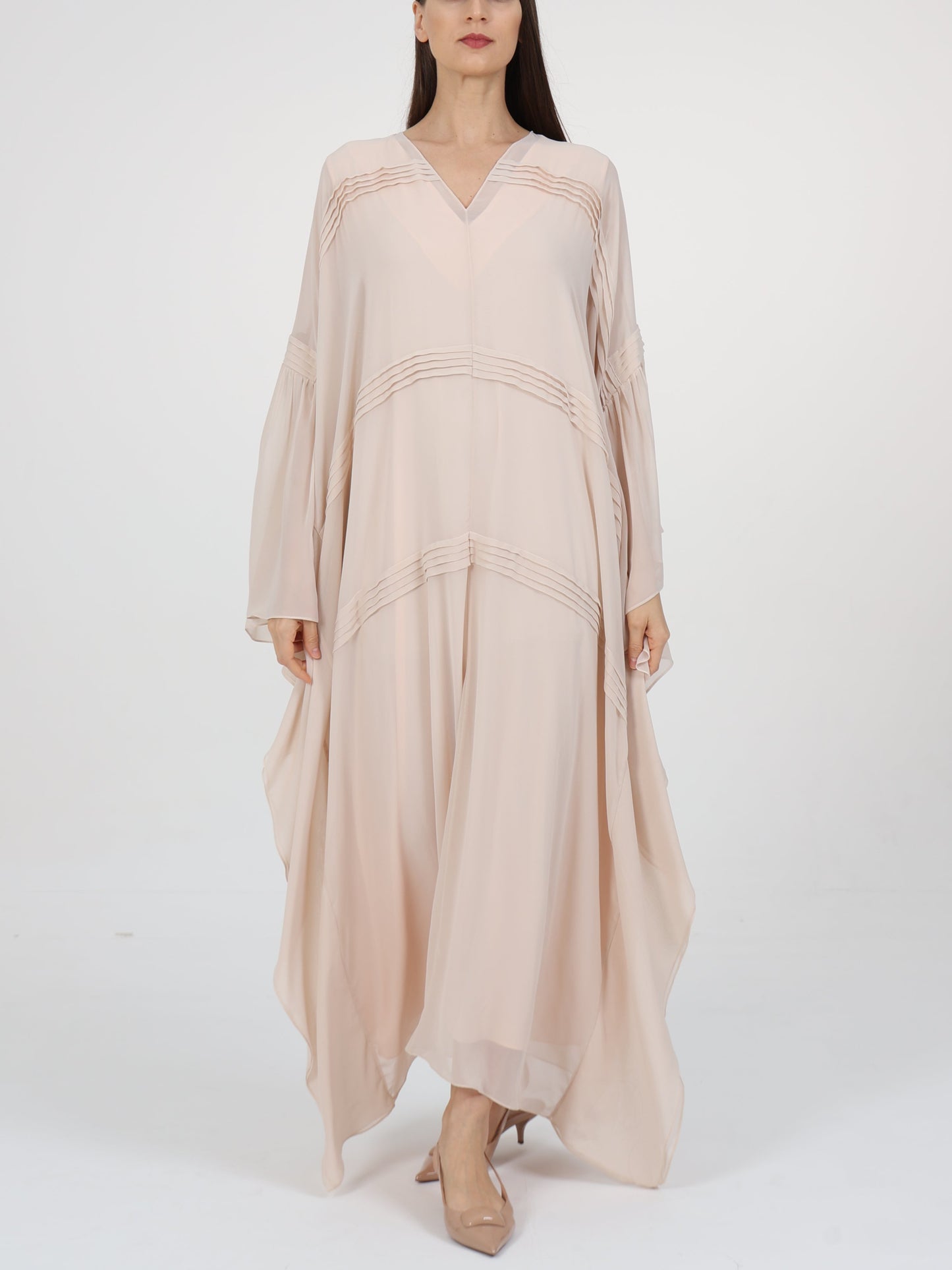 Pleats Detail V-Neck Flared Box Sleeve Kaftan
