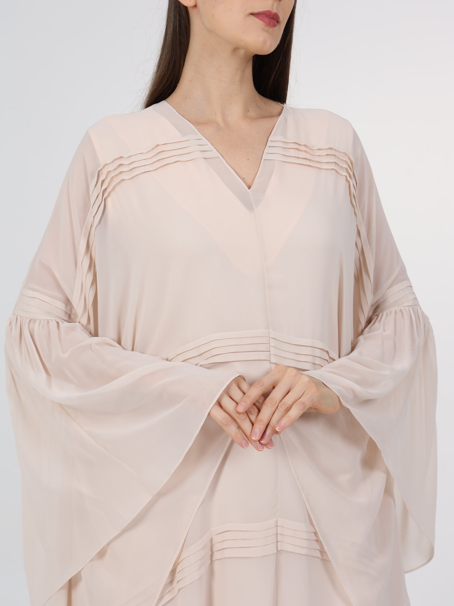 Pleats Detail V-Neck Flared Box Sleeve Kaftan