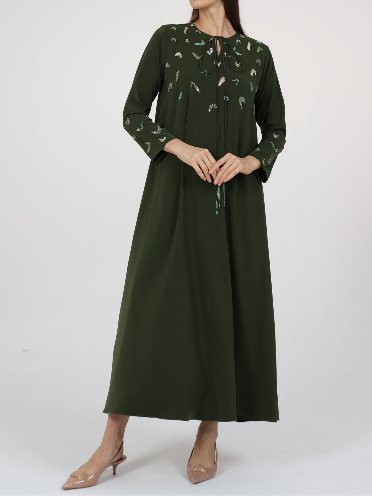 Beads Embellished Tie-up Neck Dress