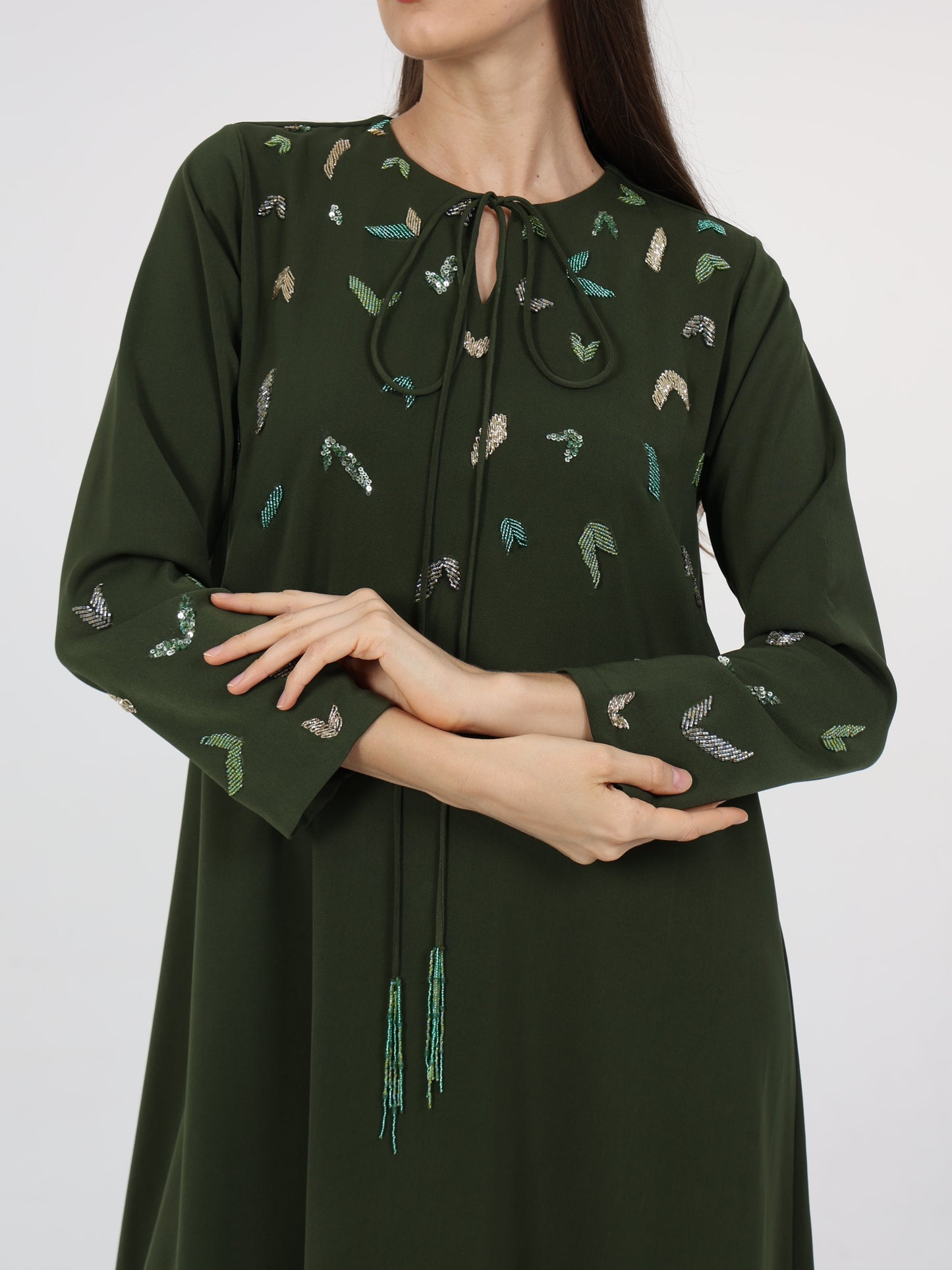 Beads Embellished Tie-up Neck Dress