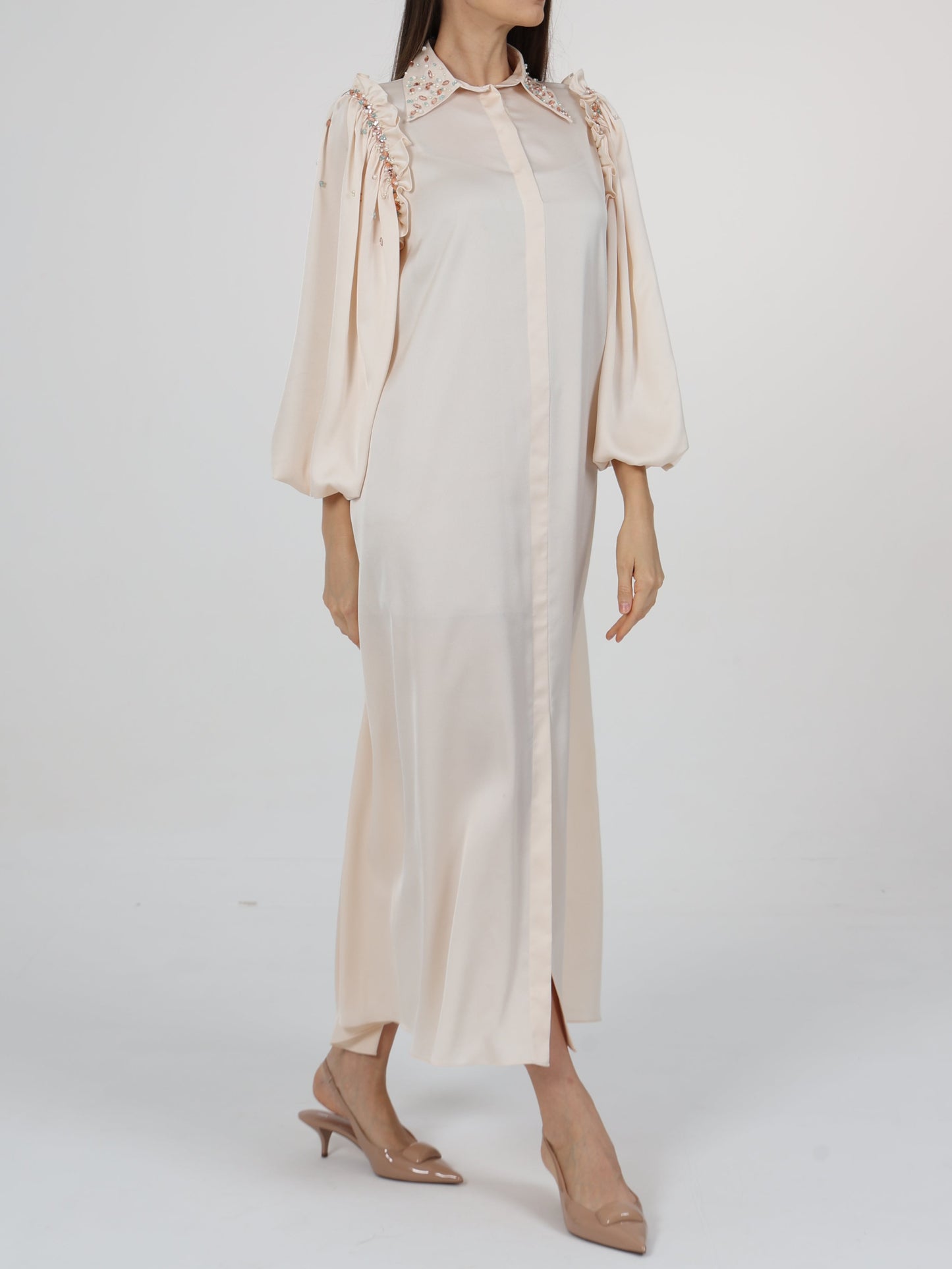 Embellished Ruffle Detail Lantern Sleeve Dress