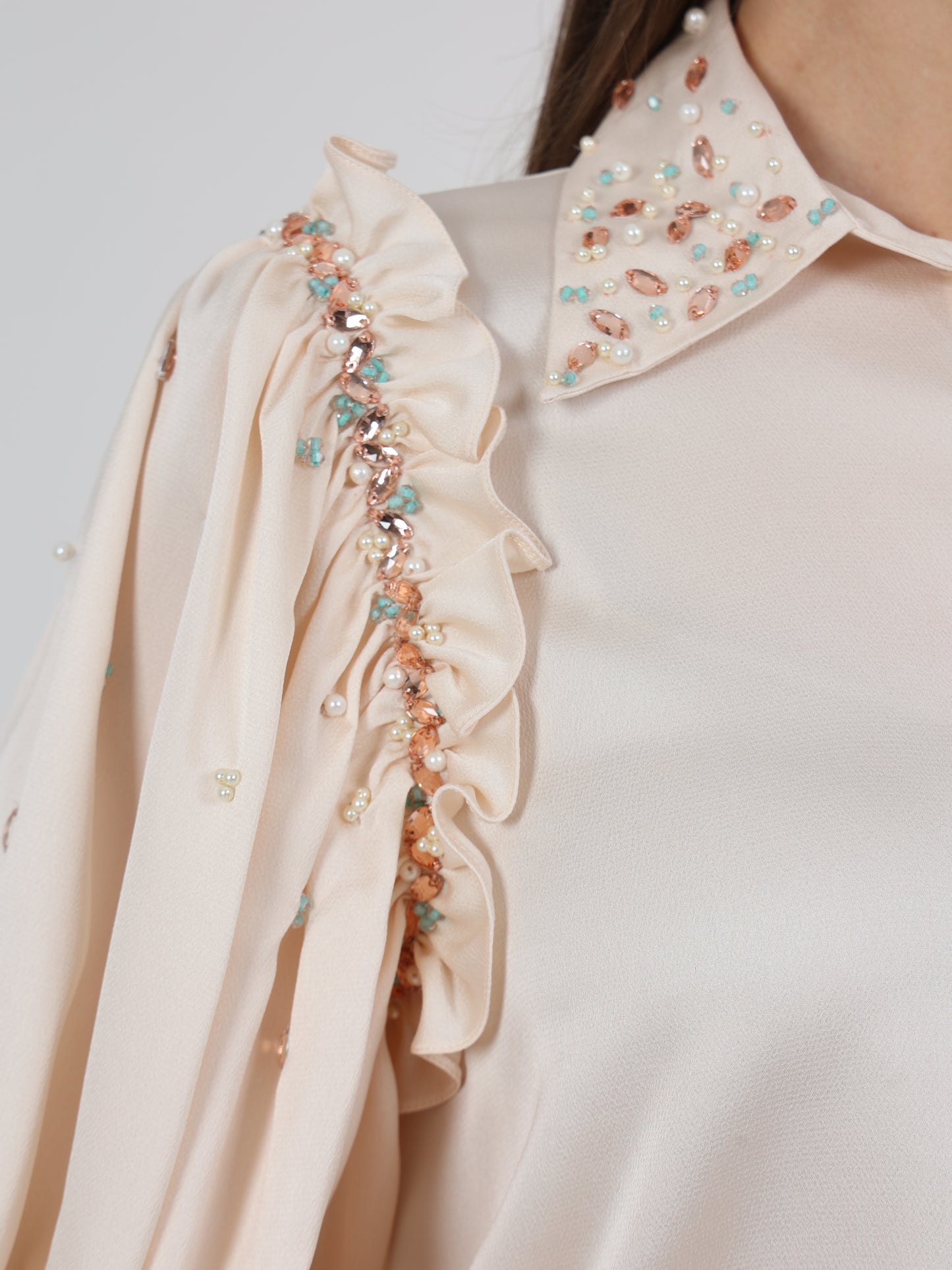 Embellished Ruffle Detail Lantern Sleeve Dress