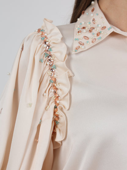 Embellished Ruffle Detail Lantern Sleeve Dress