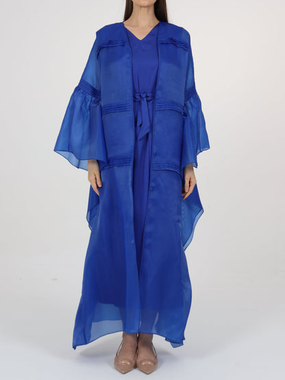Pleats Detail Flared Box Sleeve Long Coat with Inner Dress