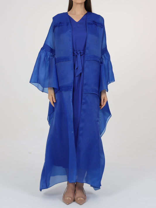 Pleats Detail Flared Box Sleeve Long Coat with Inner Dress