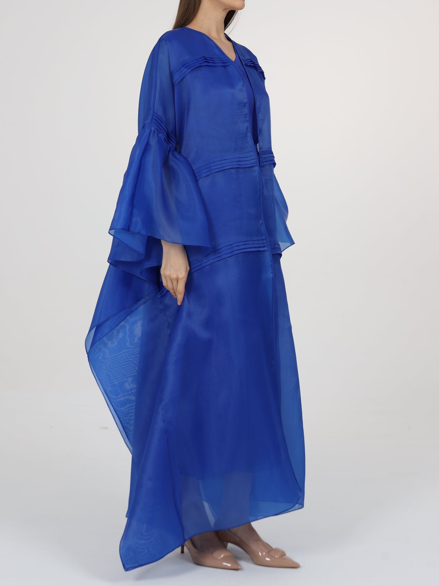 Pleats Detail Flared Box Sleeve Long Coat with Inner Dress