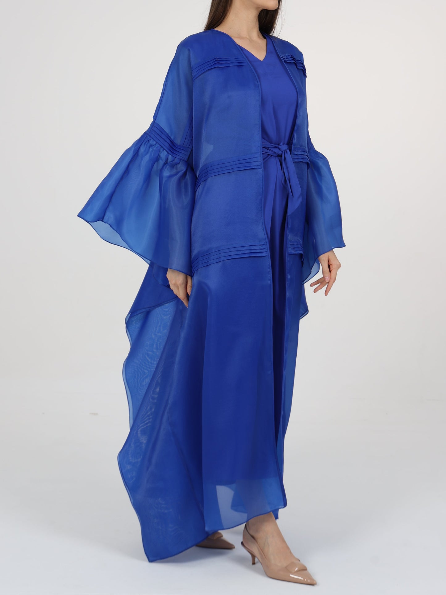 Pleats Detail Flared Box Sleeve Long Coat with Inner Dress