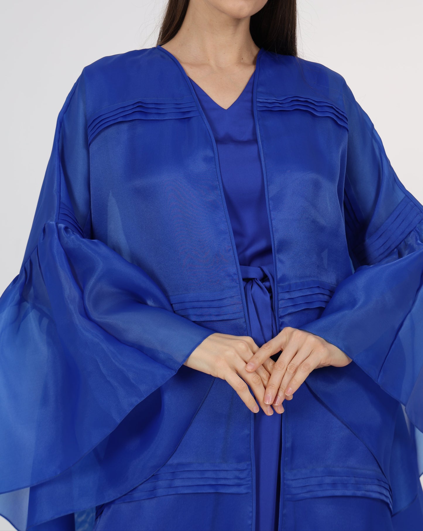 Pleats Detail Flared Box Sleeve Long Coat with Inner Dress