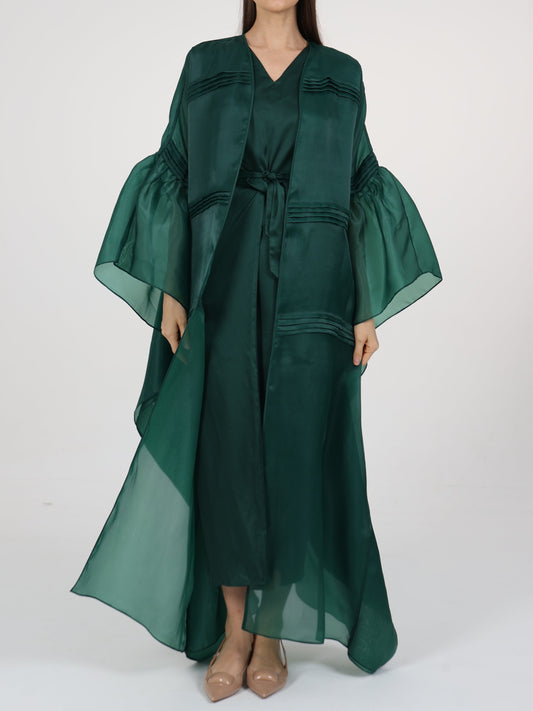 Pleats Detail Flared Box Sleeve Long Coat with Inner Dress