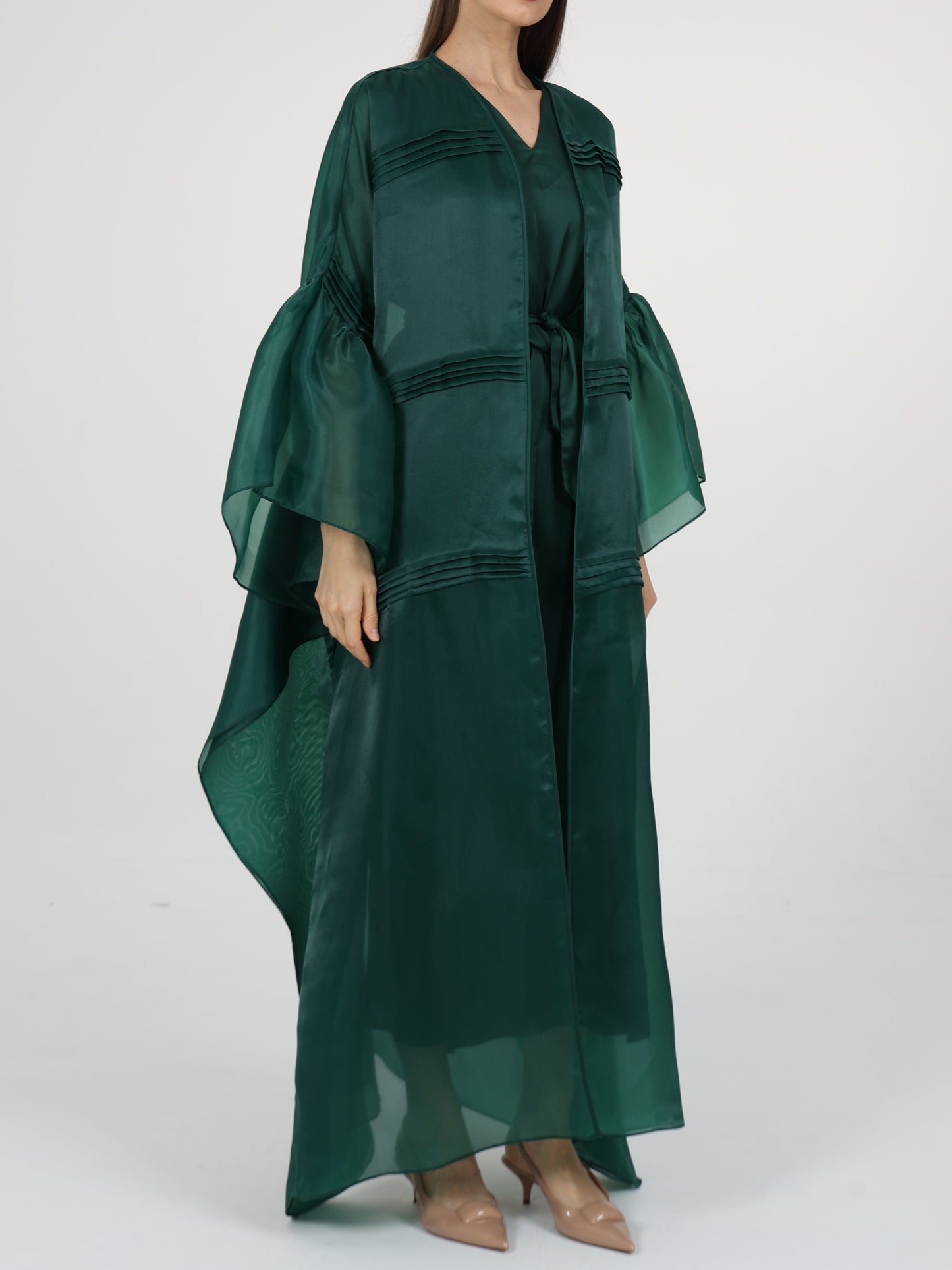 Pleats Detail Flared Box Sleeve Long Coat with Inner Dress