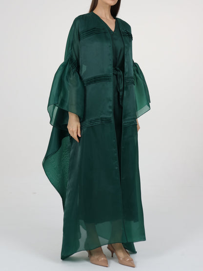 Pleats Detail Flared Box Sleeve Long Coat with Inner Dress