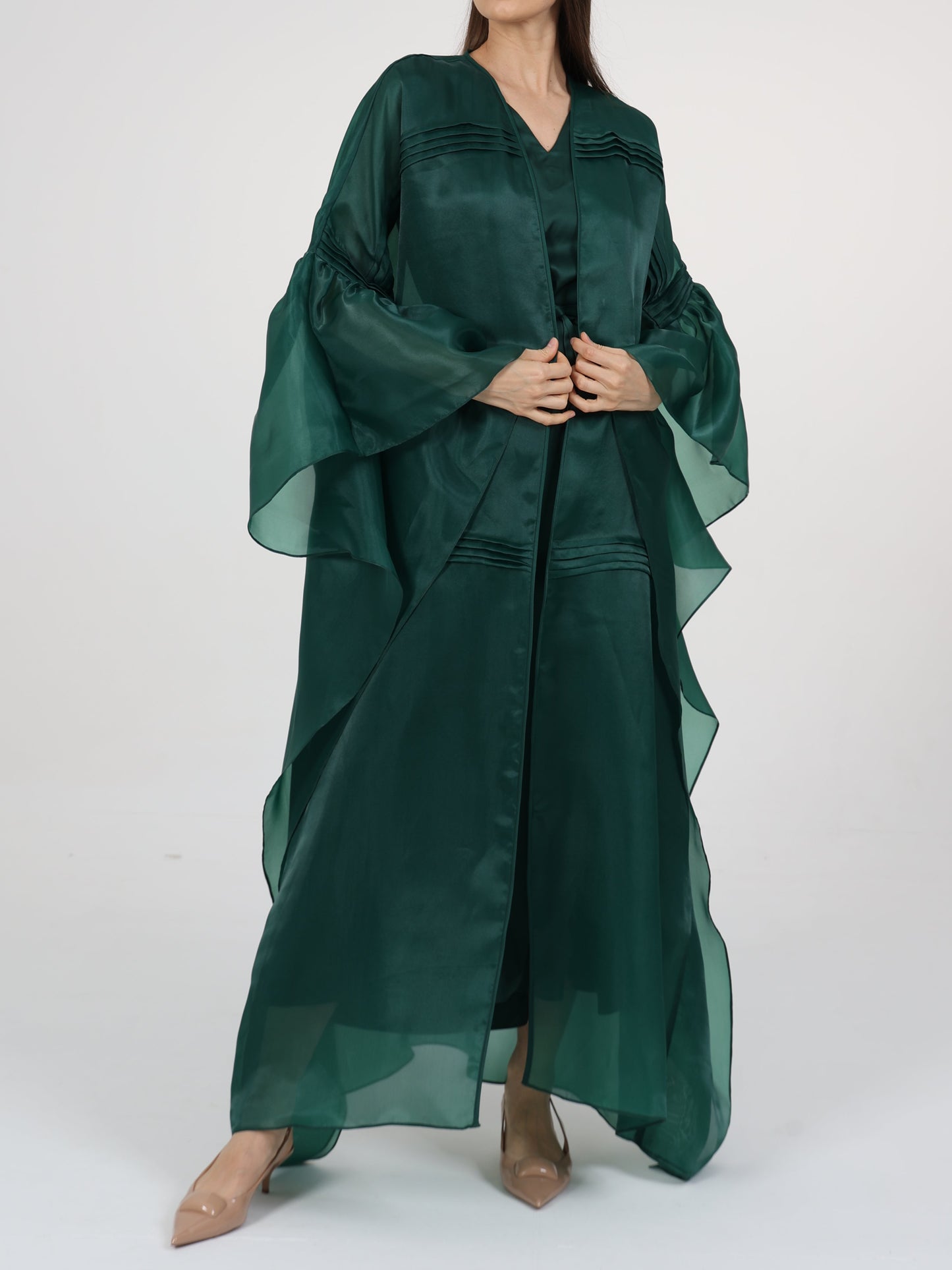 Pleats Detail Flared Box Sleeve Long Coat with Inner Dress