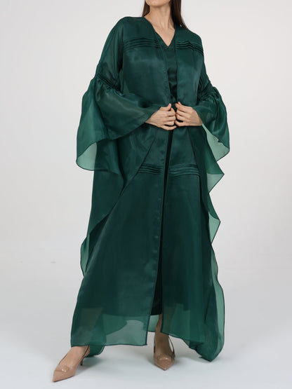 Pleats Detail Flared Box Sleeve Long Coat with Inner Dress