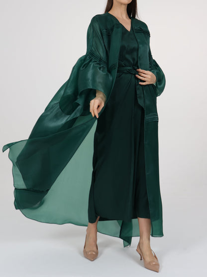 Pleats Detail Flared Box Sleeve Long Coat with Inner Dress